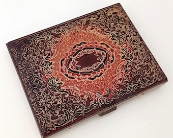 Vintage bronze & leather cigarette case, pyrography design 1960s collective item.