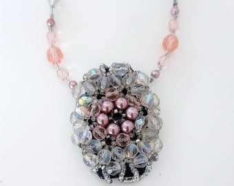 Vintage boho beaded statement necklace, handmade 80s pendant jewelry.