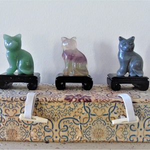 Three vintage semiprecious stones cat figurines, catlovers present, vintage decorative item, collectible figurines, rare cat finding.