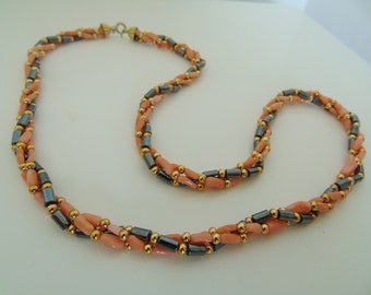 Vintage twisted nuggets statement necklace, beaded handmade jewelry.