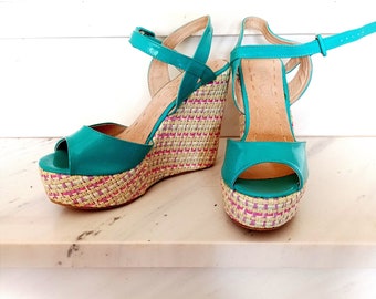 Y2K Ultra High Turquoise Platform Sandals, Colourful Straw Y2K Ultra High Turquoise Platform Sandals, Colourful Straw