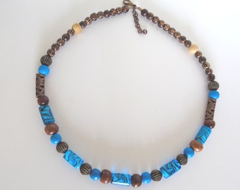 Handmade boho statement necklace, wood and glass beaded necklace, summer jewelry, gift for her.