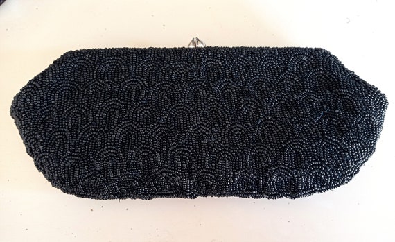 Vintage beaded statement black evening clutch, cl… - image 2