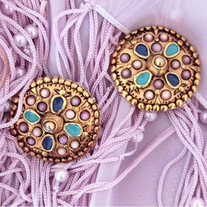Vintage Jacky de G Paris round clip on statement earrings, gold tone designer&#39;s jewelry made in France, gift for her, rare finding.