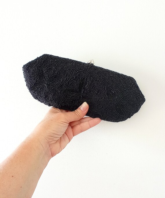 Vintage beaded statement black evening clutch, cl… - image 6