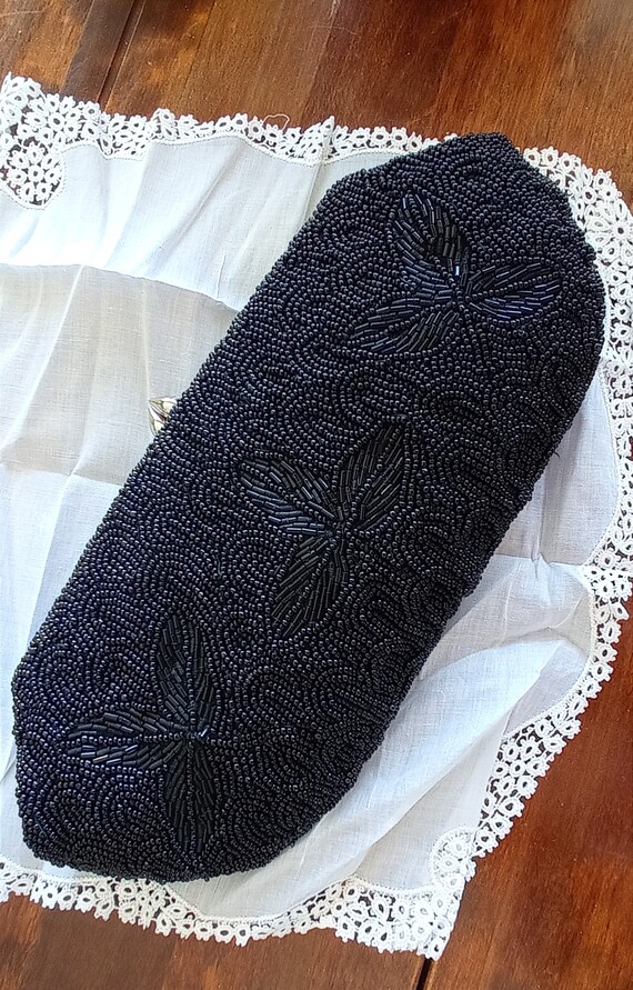 Vintage beaded statement black evening clutch, cl… - image 5