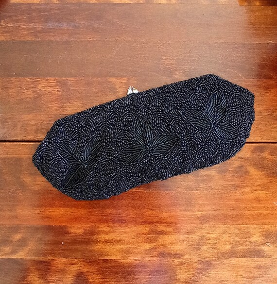 Vintage beaded statement black evening clutch, cl… - image 4
