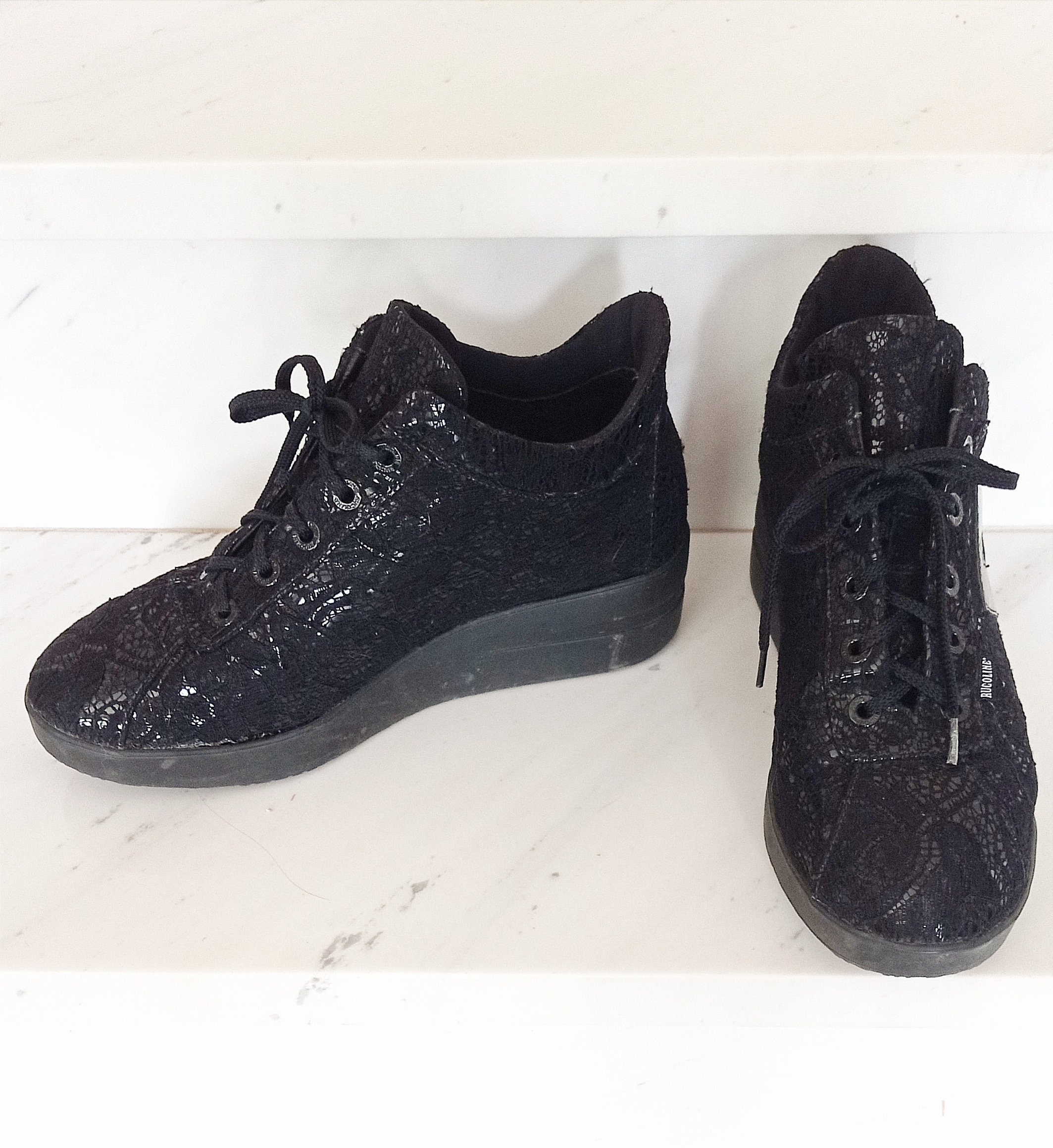 Y2K RUCO LINE Black Platform Sneakers, Leather and Lace