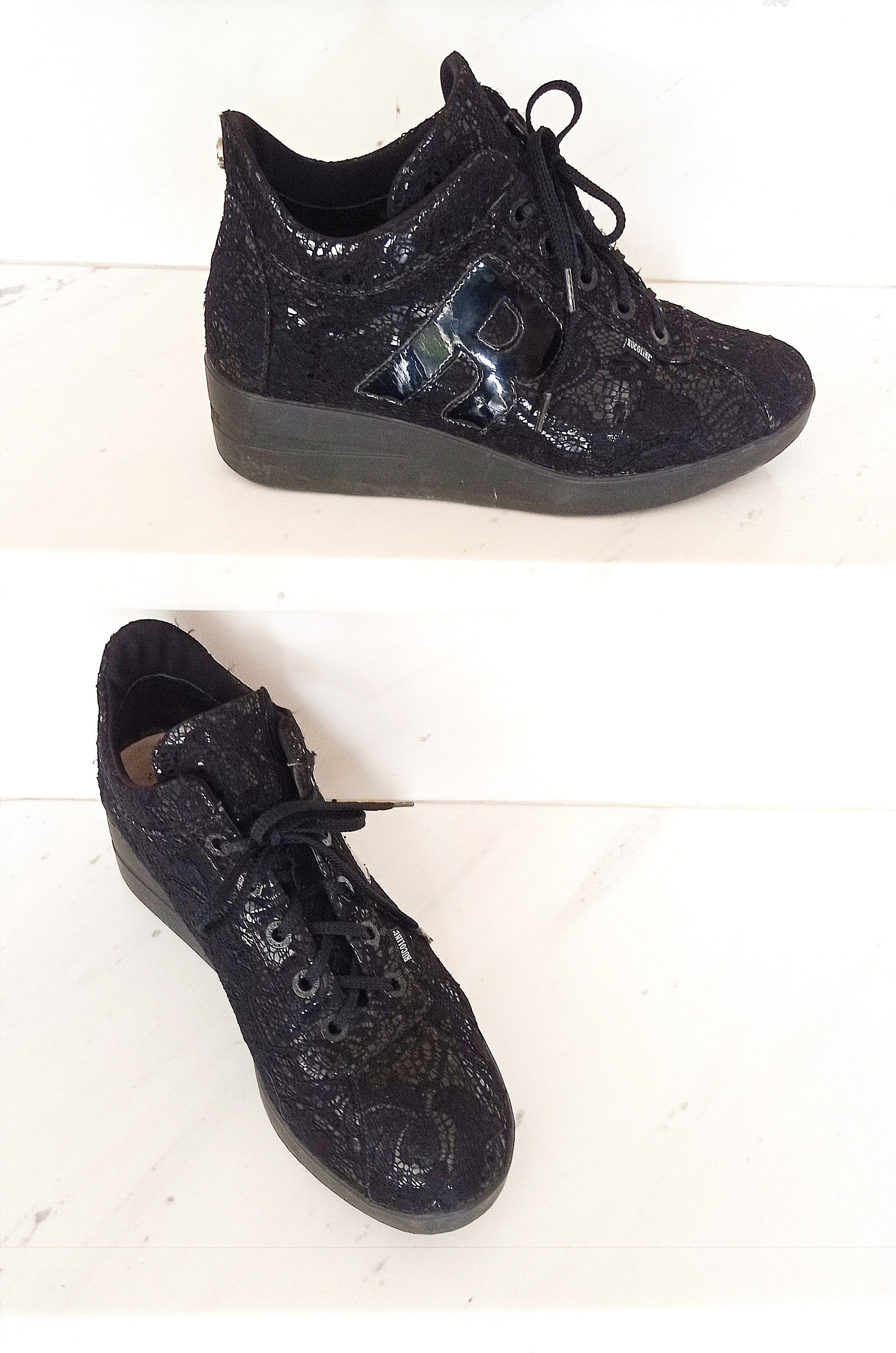 Y2K RUCO LINE Black Platform Sneakers, Leather and Lace