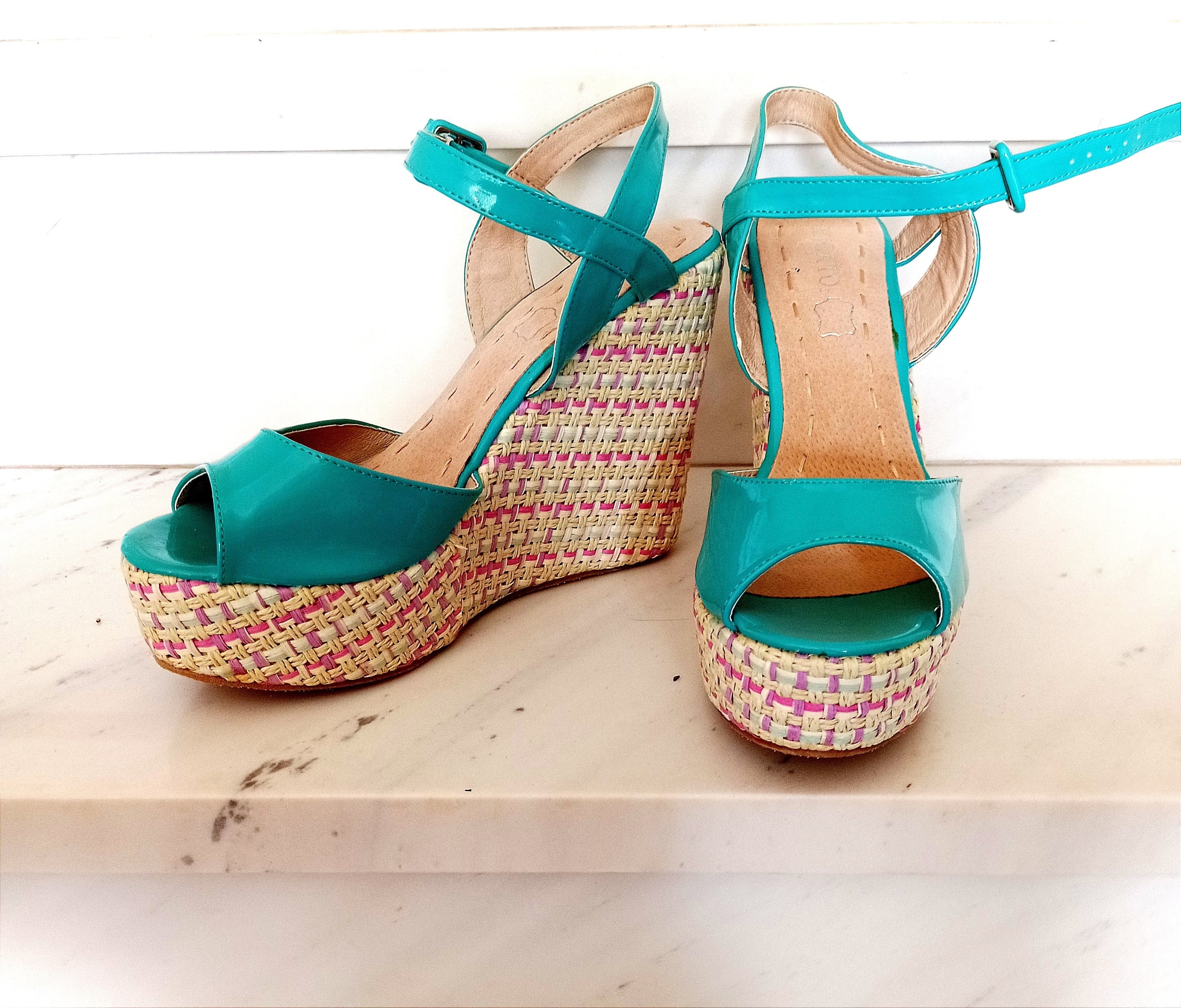 Ultra High Turquoise Platform Sandals Colourful Straw - Etsy