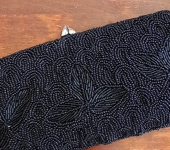 Vintage beaded statement black evening clutch, cl… - image 1