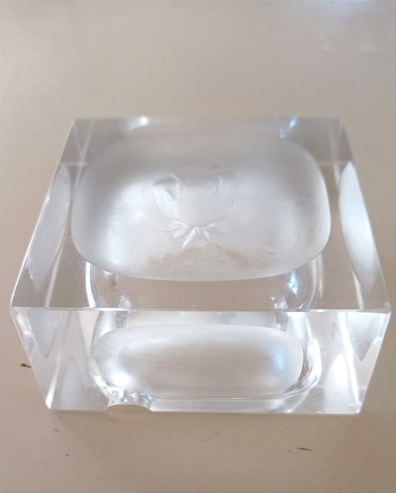 Vintage Heavy Square Clear Glass Ashtray With Engraved Delicate Rosebud