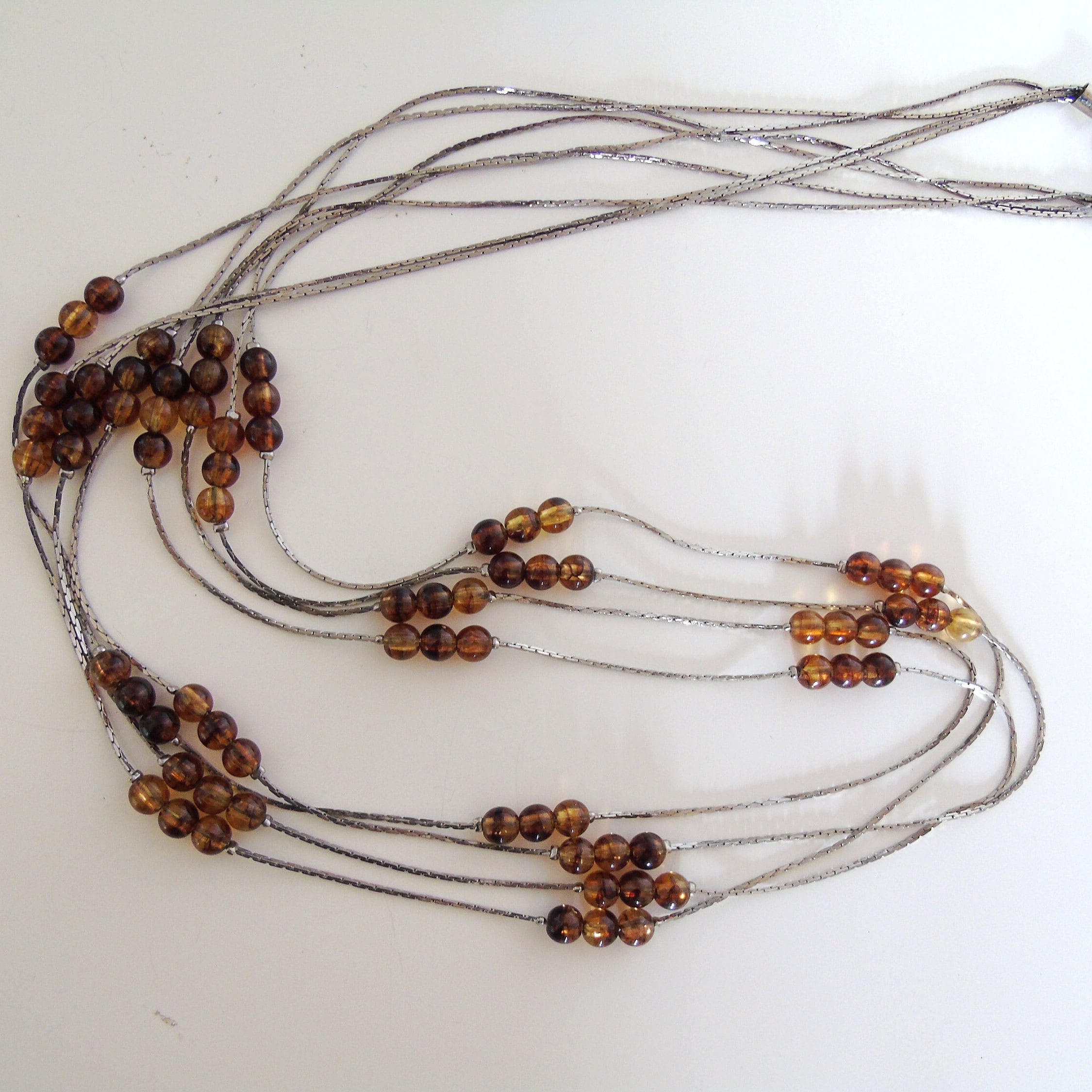Vintage 70s Beaded Necklace, Silver Tone Chain, Boho Statement