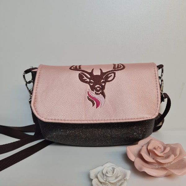 Kleine Handtasche Dirndl Reh  Handtasche braun rosa Umhängetasche  Tasche  Kunstleder