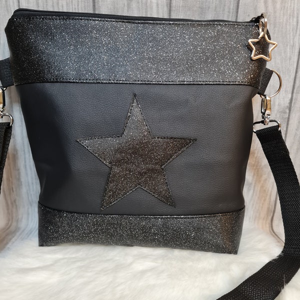 Handtasche Glitzer Stern Umhängetasche Tasche Glitzerstern schwarz Kunstleder Tasche mit Anhänger Geschenkidee