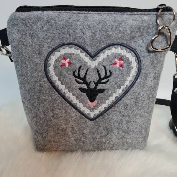 Kleine Handtasche Dirndl Reh Herz Handtasche grau Filz Umhängetasche  Tasche