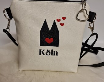 Kleine Handtasche Köln mit Herz Kölner Dom Handtasche Kunstleder weiss mit Glitzer Umhängetasche  Tasche