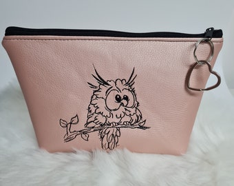 Owl bag cosmetic bag pen case pencil case pink with pendant heart