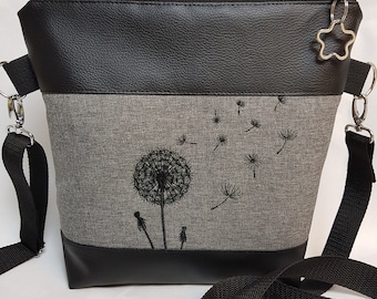 Handtasche Pusteblume grau Umhängetasche grau schwarz Tasche mit Anhänger Kunstleder