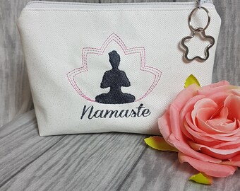 Yoga  Tasche  Namaste Kosmetiktasche Stiftetasche Mäppchen weiss Glitzer Yogatasche mit Anhänger Blume