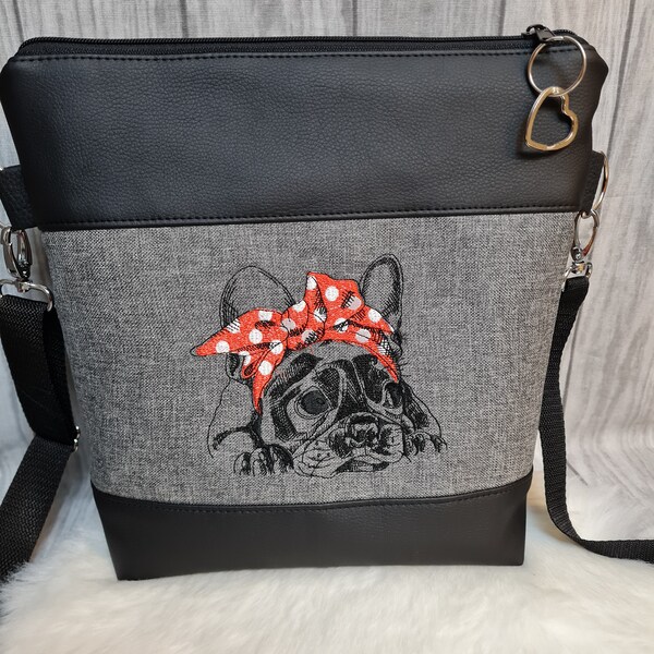 Handtasche Bulldogge  Hund Umhängetasche  grau schwarz  Kunstleder mit Anhänger Tasche Geschenk