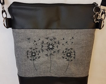 Handtasche Pusteblume Umhängetasche  Pusteblume grau schwarz  Kunstleder mit Anhänger Tasche Geschenk