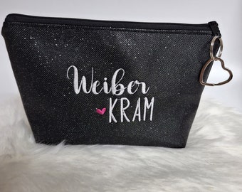 Kosmetiktasche Weiberkram  Schminktasche Utensilientasche Kleinigkeiten Tasche mit Anhänger schwarz mit Glitzer