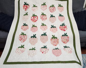 MADE TO ORDER Handmade Strawberry Social Lap Quilt/Personalized Wedding Gift/Personalized Baby Quilt/Throw Quilt/Spring Quilt/Heirloom Quilt
