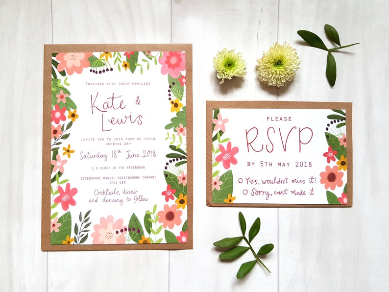 Country Garden Floral Wedding Invitation Set Pink Flowers Etsy