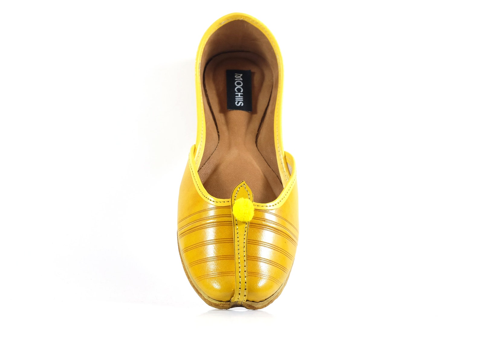 handmade classic leather ballet flat shoes - brown and yellow - with pom-pom details - jutti / khussa / mojari handmade classic leather ballet flat shoes - brown and yellow - with pom-pom details - jutti / khussa / mojari