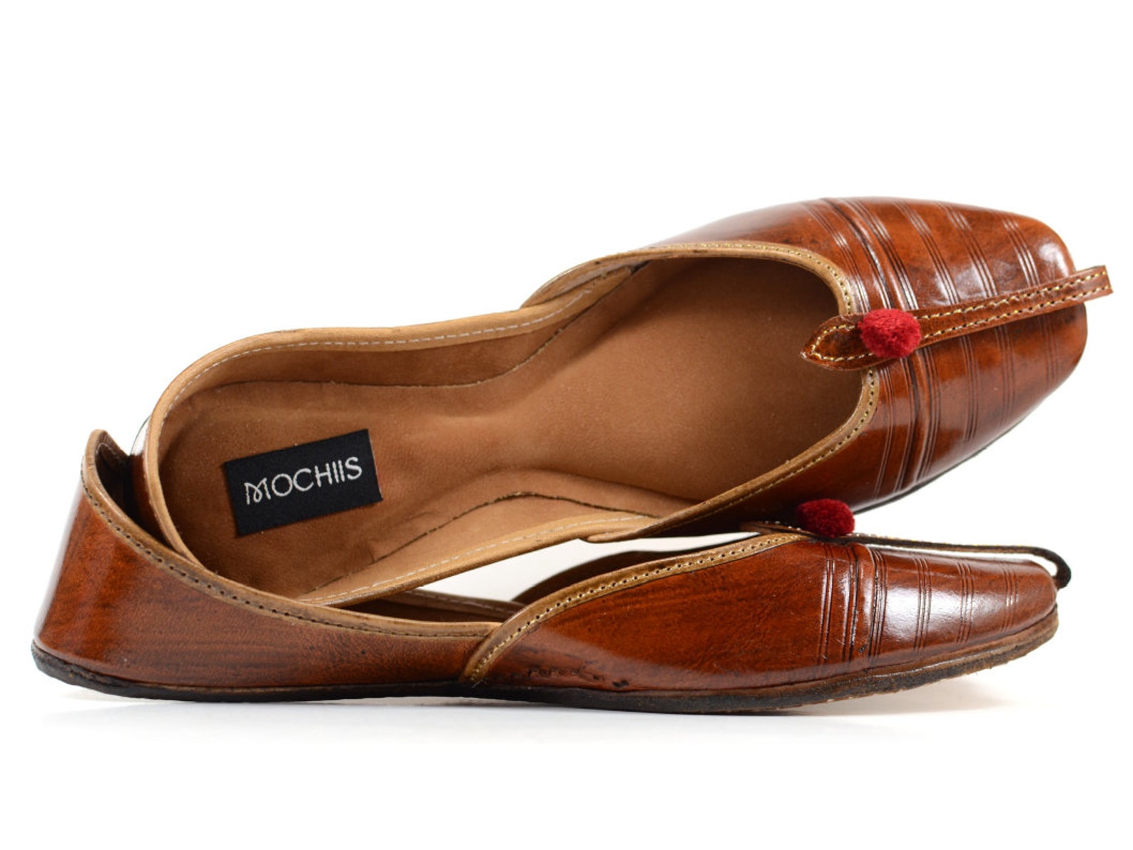 handmade classic leather ballet flat shoes - brown and yellow - with pom-pom details - jutti / khussa / mojari handmade classic leather ballet flat shoes - brown and yellow - with pom-pom details - jutti / khussa / mojari