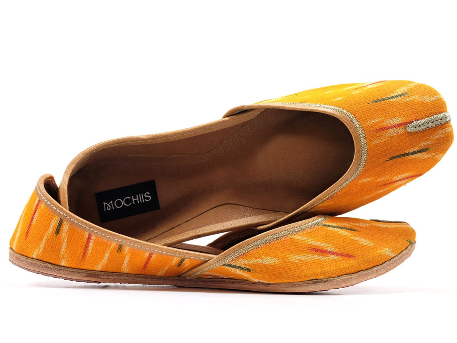 ochre - handmade yellow ikat printed leather ballet flats - traditional jutti / khussa / mojari with a contemporary twist