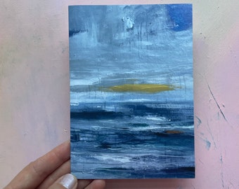Unique seascape card with gold shimmer, hand embellished with gold acrylic paint by artist, Edinburgh inspired coastal view