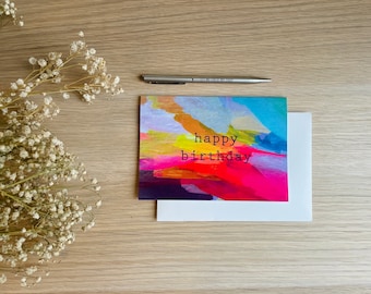 Rainbow landscape birthday card in abstract design, multicoloured vibrant birthday card