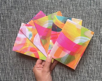 Set of five summer sun abstract design greeting cards, pink and yellow notecard pack by artist