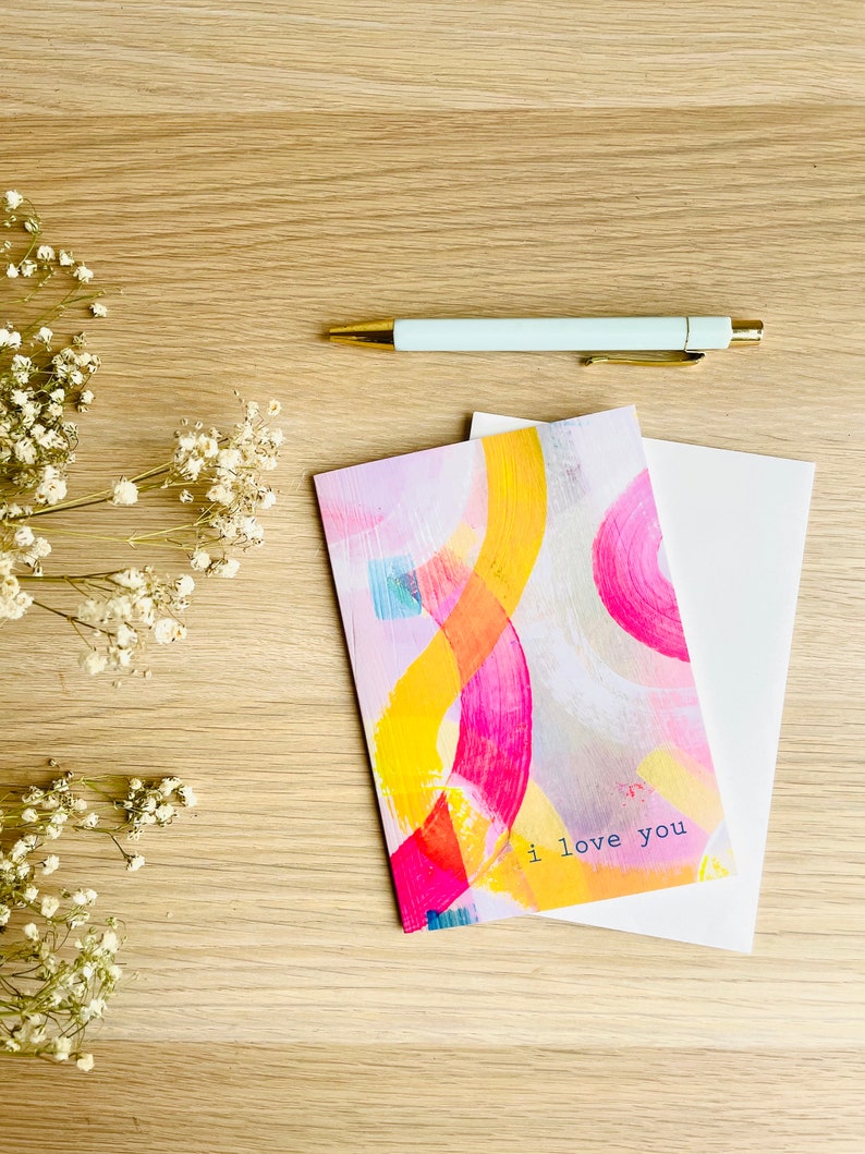 Love card with abstract pattern and words I Love You, blank inside for your own message, card for partner, card for husband, card for wife image 1