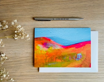 Blue abstract landscape card for any occasion, card for hill walker, travel card blank inside for your own message