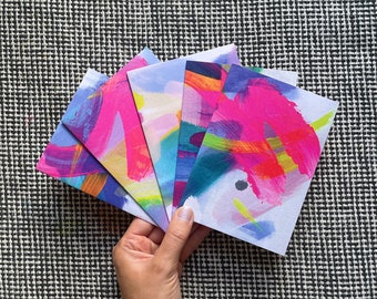 Pack of five abstract cards, bright and colourful note card set, blank in middle, envelopes included, made by british artist