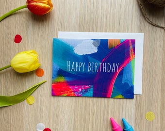 Colourful happy birthday card in abstract design, landscape orientation greeting card by artist, blank on inside