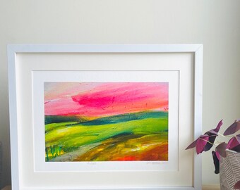 Pink hills landscape A4 print, Scottish highlands landscape, inspired by aurora borealis, northern lights art, pink and green wall art