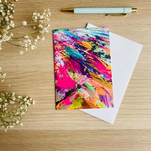 Vibrant abstract card by artist, colourful greeting card for any occasion, blank on inside for your message