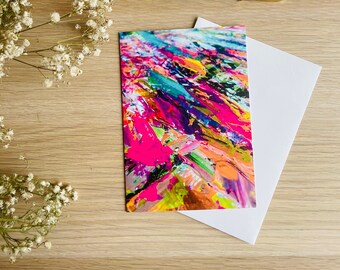 Vibrant abstract card by artist, colourful greeting card for any occasion, blank on inside for your message