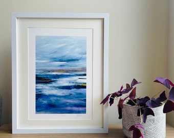 Moody seascape wall art, abstract water unframed A4 print of original painting, North Sea print, coastal inspired decor