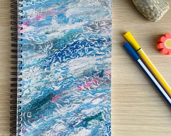 Dreamy sea theme A5 lined notebook, blue and white softcover ideas notebook, gift for swimmer