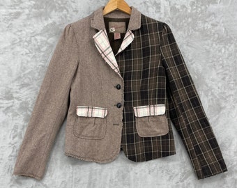 Vintage Y2K Patchwork Brown Tweed Wool Blend Blazer Elbow Patches