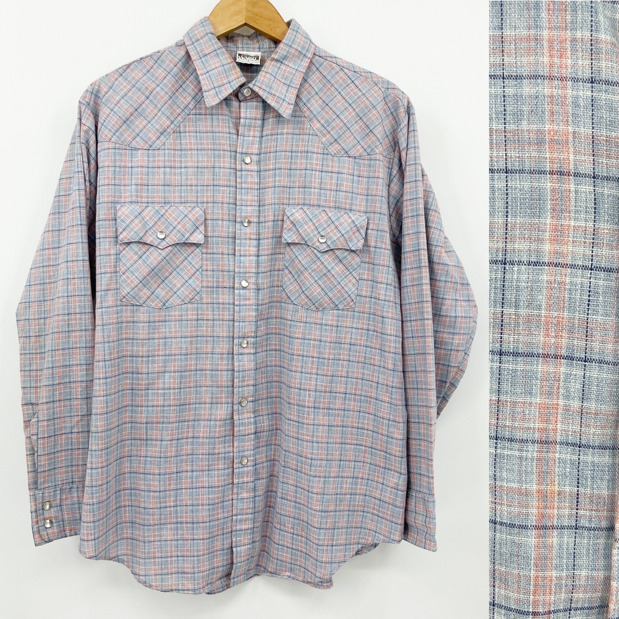 Montgomery Ward Vintage 70s Men's L Pearl Snap Blue & Pink Plaid Western Shirt
