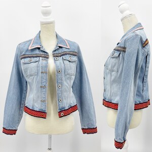 Guess Vintage 80s Women&#39;s M Denim Jean Jacket Tribal Embroidered Trim USA Made