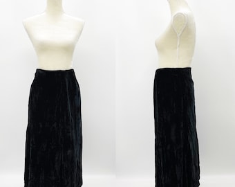 Norma Kamali Vintage 80s Women&#39;s 10 Black Velvet Midi Length Fluted Skirt Witchy