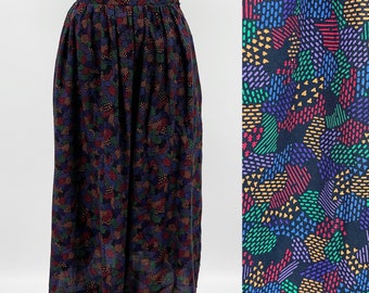 Vintage 70s/ 80s Women's 8 Colorful Geometric Print Rayon Midi Skirt Pockets