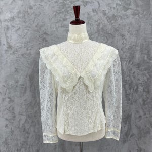 Gunne Sax Vintage Junior's 11 Cream Lace Collar High Neck Sheer Puff Sleeve Top